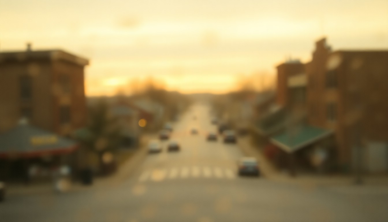An abstract, impressionistic scene of a small town street shrouded in a warm, hazy glow, evoking a sense of nostalgia and the passing of time in a close-knit community.