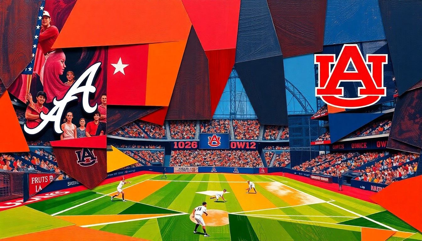 A fractured, geometric painting depicting a softball game, with sharp planes of crimson, navy, and orange representing the Alabama and Auburn teams. The artwork captures the dynamic energy and competitive spirit of the rivalry matchup.