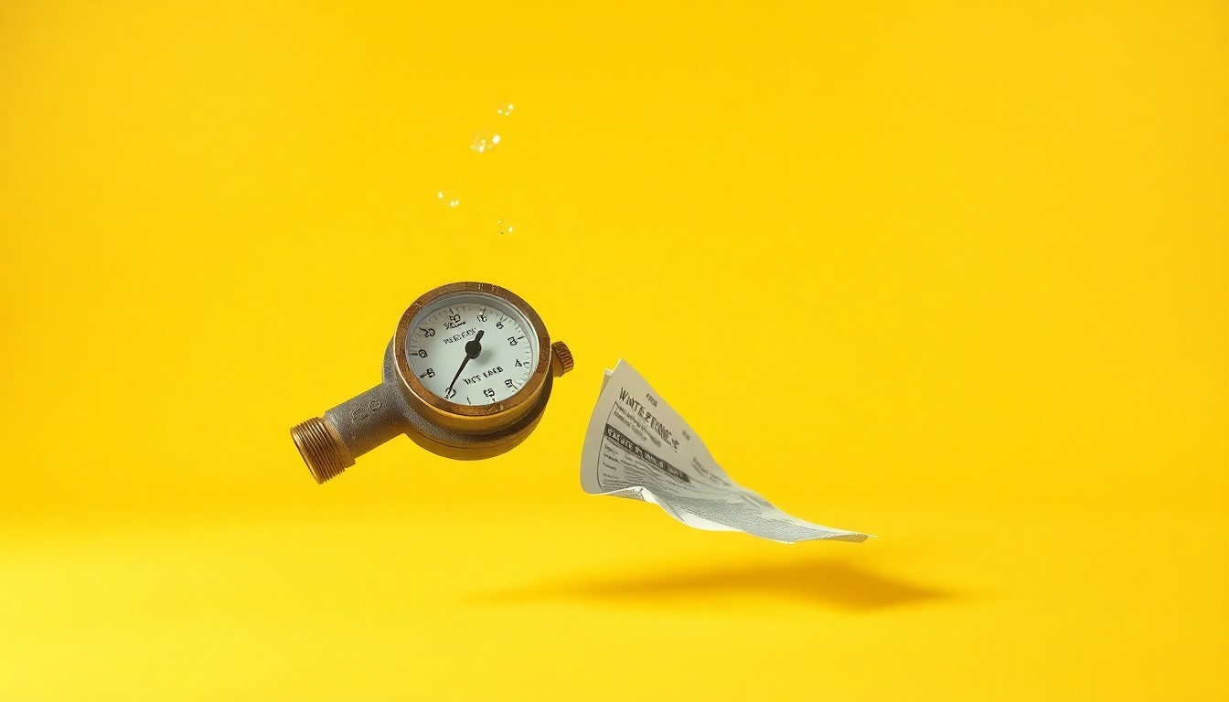 A photorealistic studio still life featuring a shattered water meter and crumpled utility bill, representing the financial burden of rising water costs on local families.