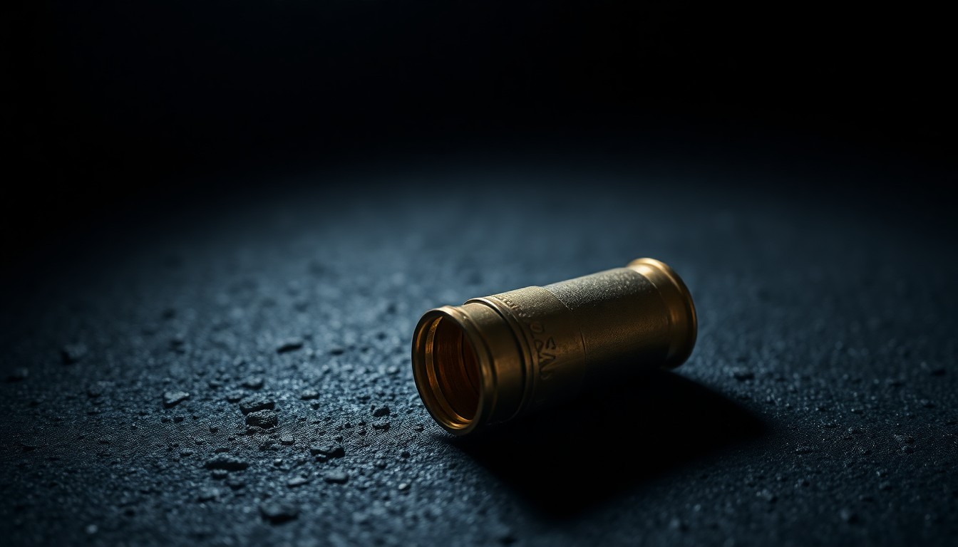 An extreme close-up photograph of a spent shell casing on a dark, textured surface, lit by a harsh, direct camera flash, conceptually illustrating the gun violence that occurred near the Soul Lounge.
