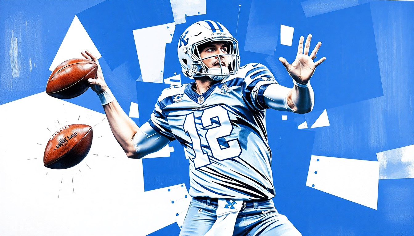 A cubist-style painting depicting a football quarterback's throwing motion broken down into overlapping geometric shapes in shades of blue and white, representing the dynamic potential of Kentucky's new recruit.