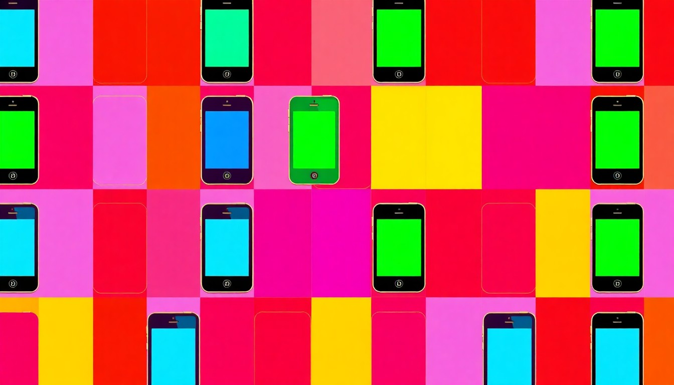 A brightly colored, high-contrast silkscreen print of a single, iconic smartphone icon repeated in a tight grid pattern, conceptually representing the omnipresence of phones in the dining experience.