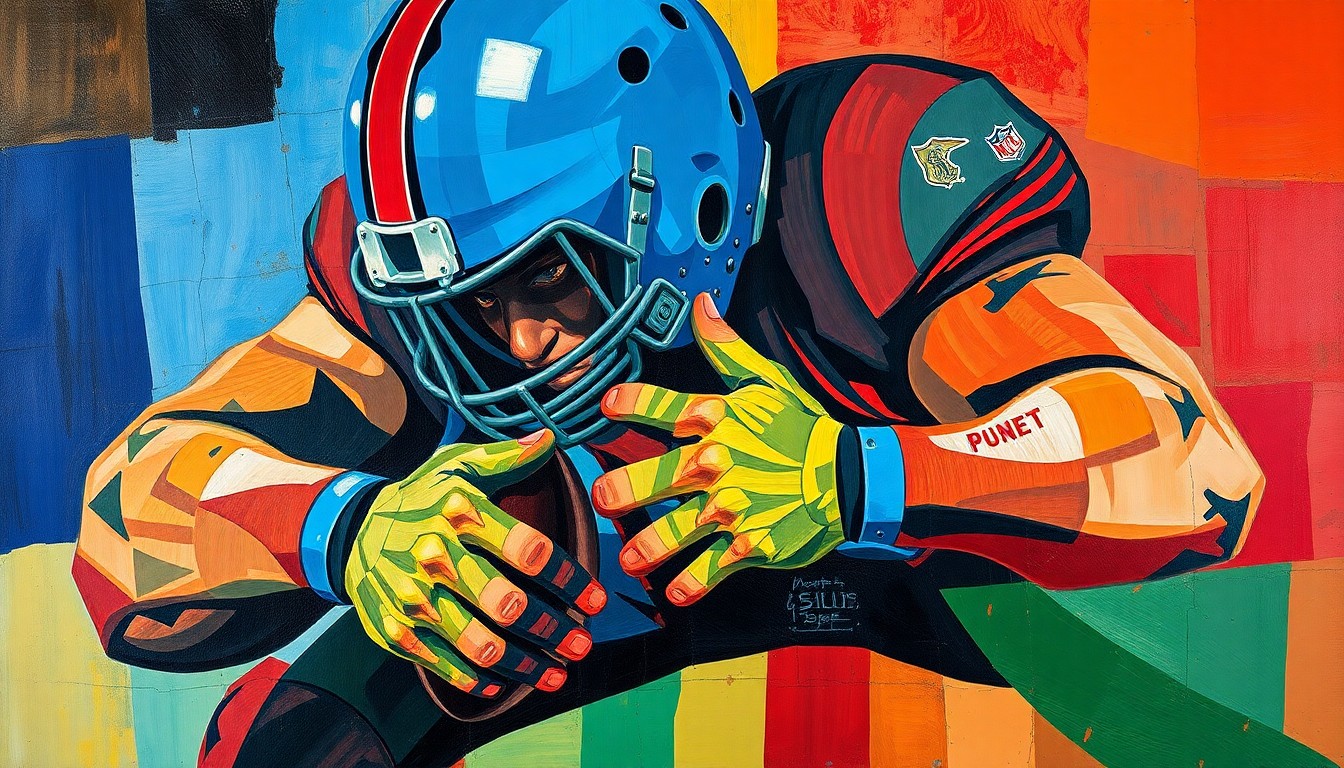 A cubist-style painting depicting the geometric forms and overlapping planes of a football offensive lineman engaged in a blocking technique, rendered in a vibrant color palette of blues, greens, and reds to capture the dynamic energy of the sport.