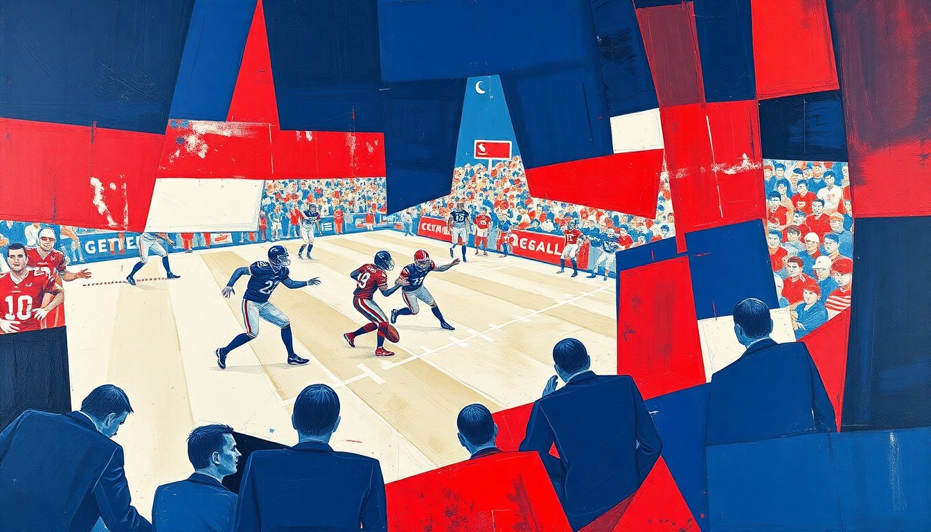 A cubist, geometric painting in navy, red, and white, depicting fragmented, overlapping shapes that suggest a football coaching scene or game, conveying a sense of tension and ambiguity.