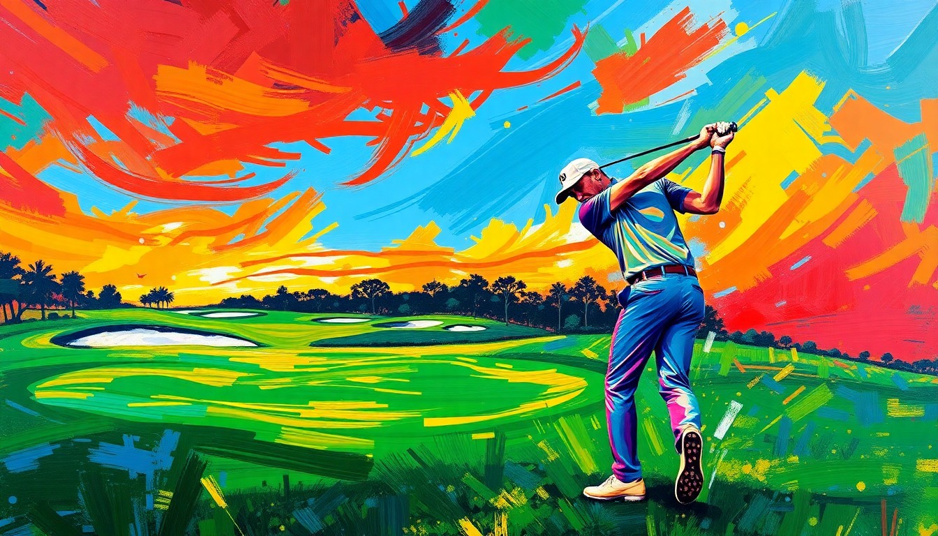 An abstract, energetic painting depicting the dynamic motion of a golfer swinging a club, with vibrant neon colors and expressive brushstrokes capturing the intensity of play on the TPC Sawgrass course.