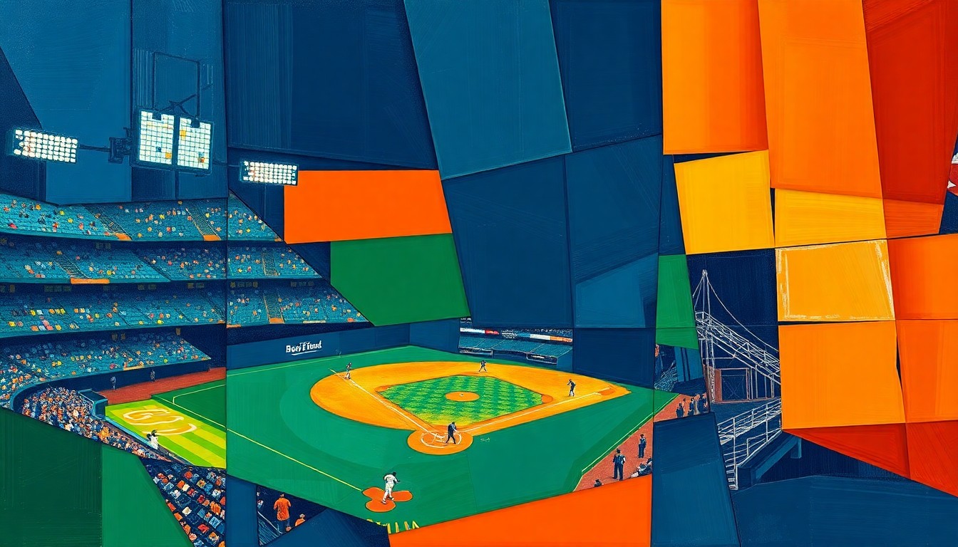 A fractured, geometric painting in shades of blue, green, and orange, breaking down a baseball game into sharp, overlapping planes to conceptually represent the indomitable spirit of Phil Garner's baseball career.
