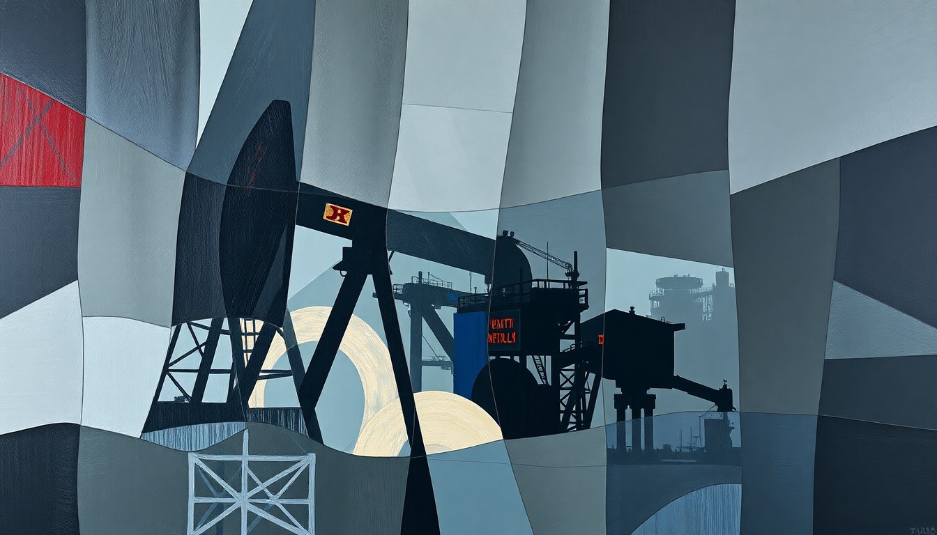 A fractured, abstract painting in dark colors depicting the silhouette of an oil refinery or derrick, conveying the volatility and fragmentation of energy infrastructure as a political battlefield.