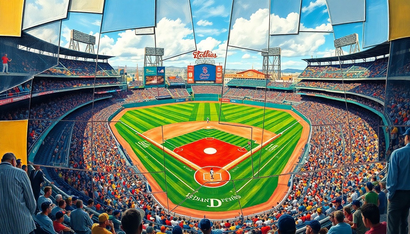 A fragmented, geometric painting depicting a baseball stadium, players, and fans in an abstract, cubist style, conveying the complex dynamics surrounding the Royals' stadium proposal.
