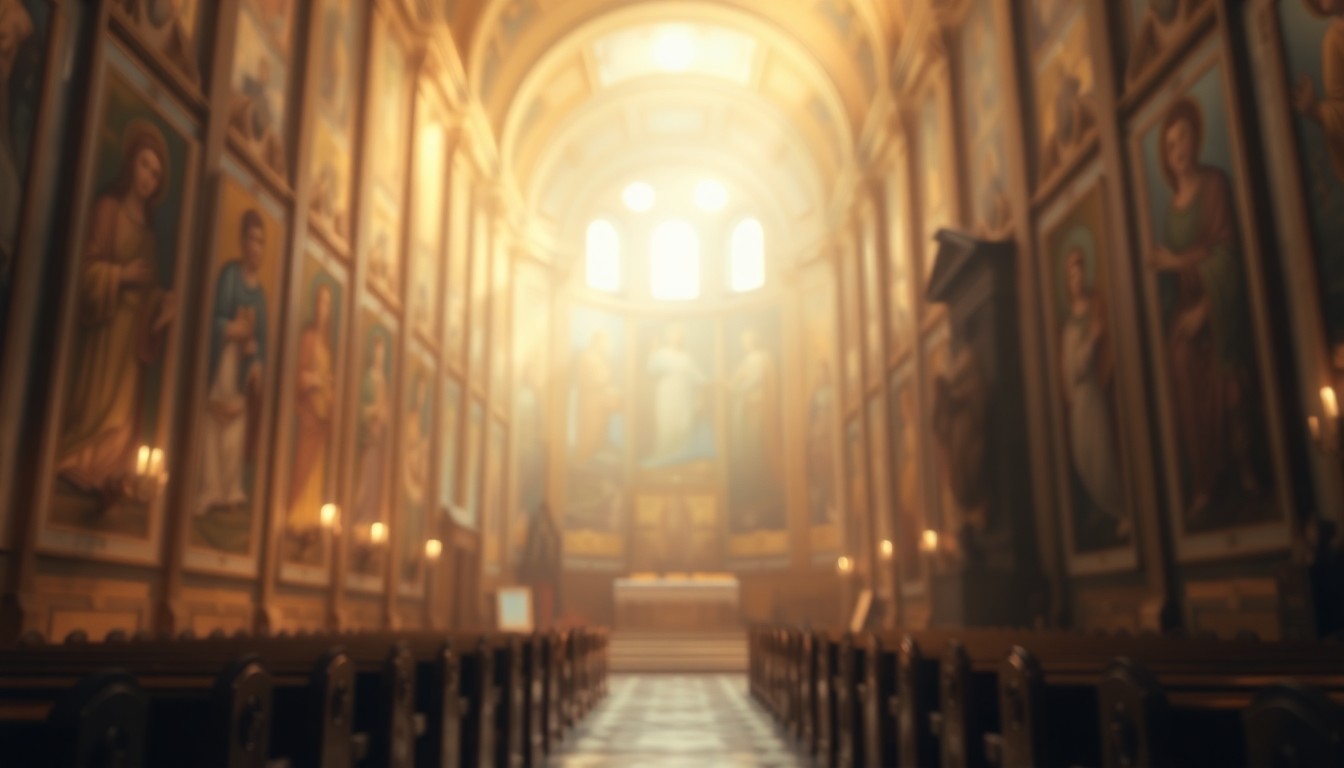 An abstract, out-of-focus photograph depicting the interior of a church sanctuary, with the faint outlines of religious murals visible on the walls. The scene is bathed in warm, hazy light, creating a sense of timelessness and reverence.