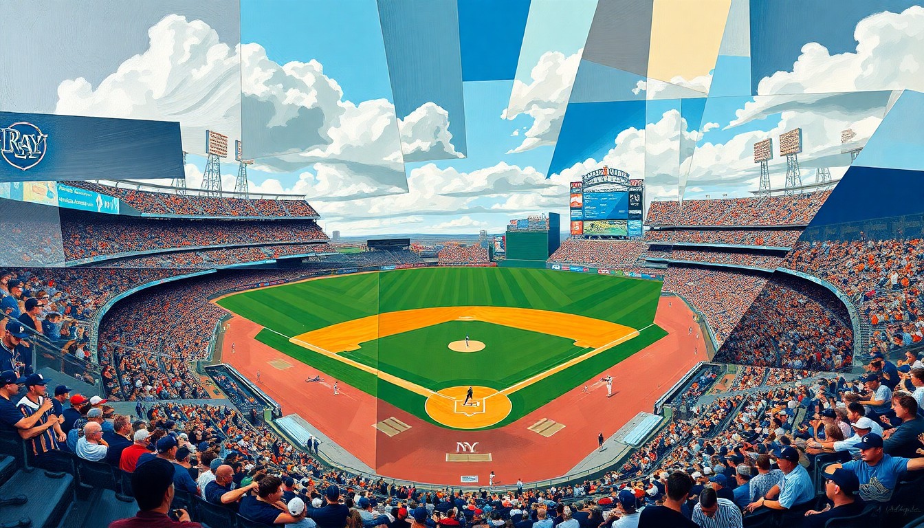 A cubist-style painting depicting a baseball game, with the players and field broken down into overlapping geometric shapes and planes, conveying the strategic complexity and excitement of the Rays' walk-off win.