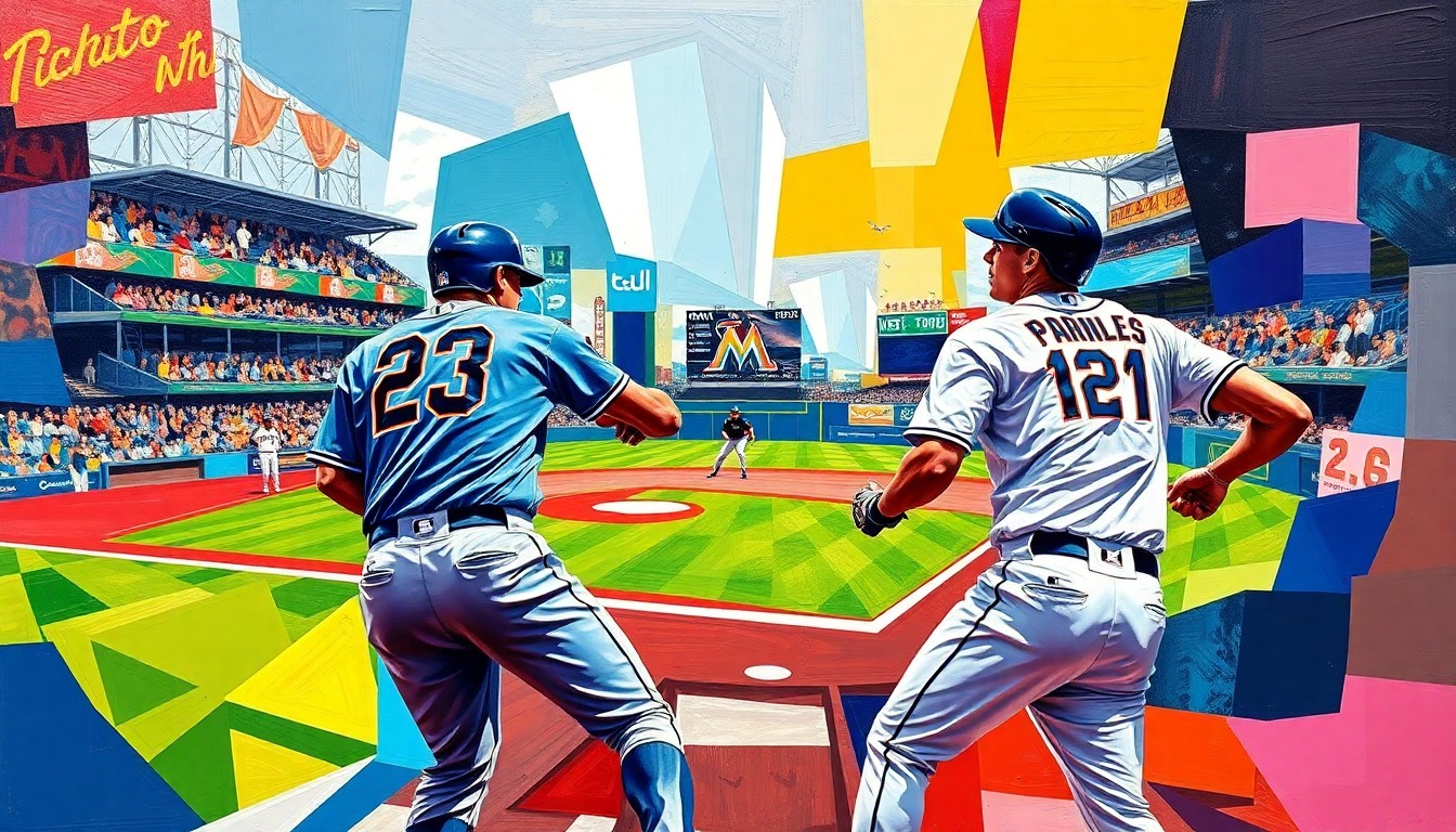 A cubist-style painting depicting fragmented, geometric shapes and planes of color representing baseball players, bats, and a baseball field, conveying the dynamic action and energy of the Tigers' dominant performance over the Marlins.