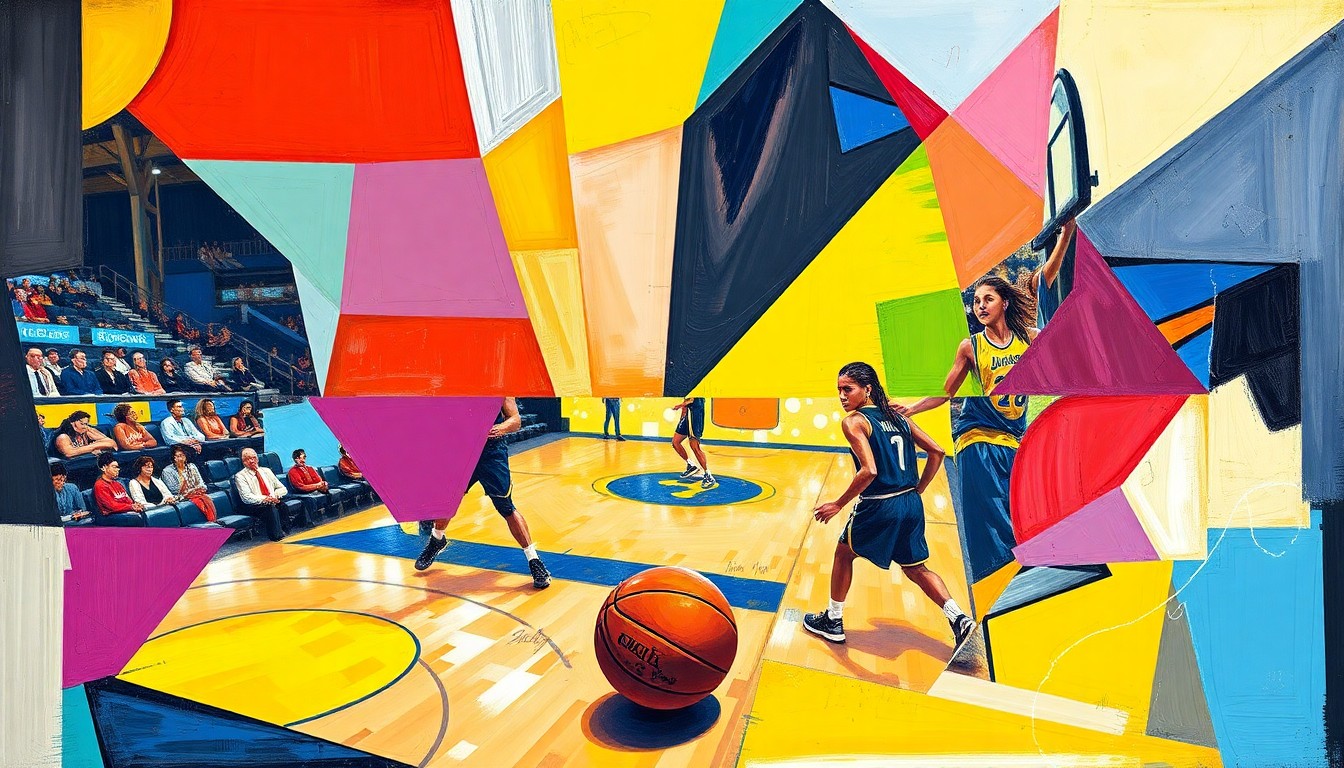 A cubist, geometric painting depicting a WNBA basketball game or match, with overlapping planes of color representing the players and action on the court.