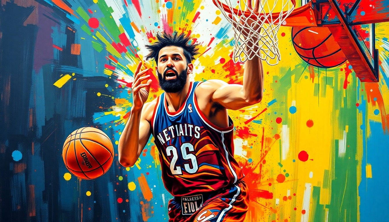 An abstract, expressionist painting featuring vibrant neon brushstrokes and splatters of color capturing the dynamic movement and energy of a basketball player driving to the hoop, conceptually representing the return of Trent Noah to the Kentucky Wildcats.
