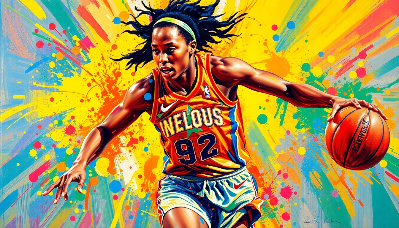 A dynamic, abstract painting in neon colors depicting the explosive movements of a WNBA basketball player, conceptually representing the energy and intensity of the sport.