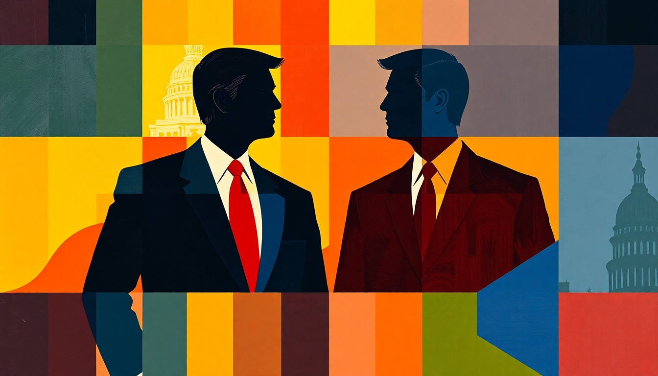 A dynamic, abstract painting with overlapping, fractured geometric shapes in bold colors, conceptually representing the divisive political climate surrounding the allegations against the two Congress members.