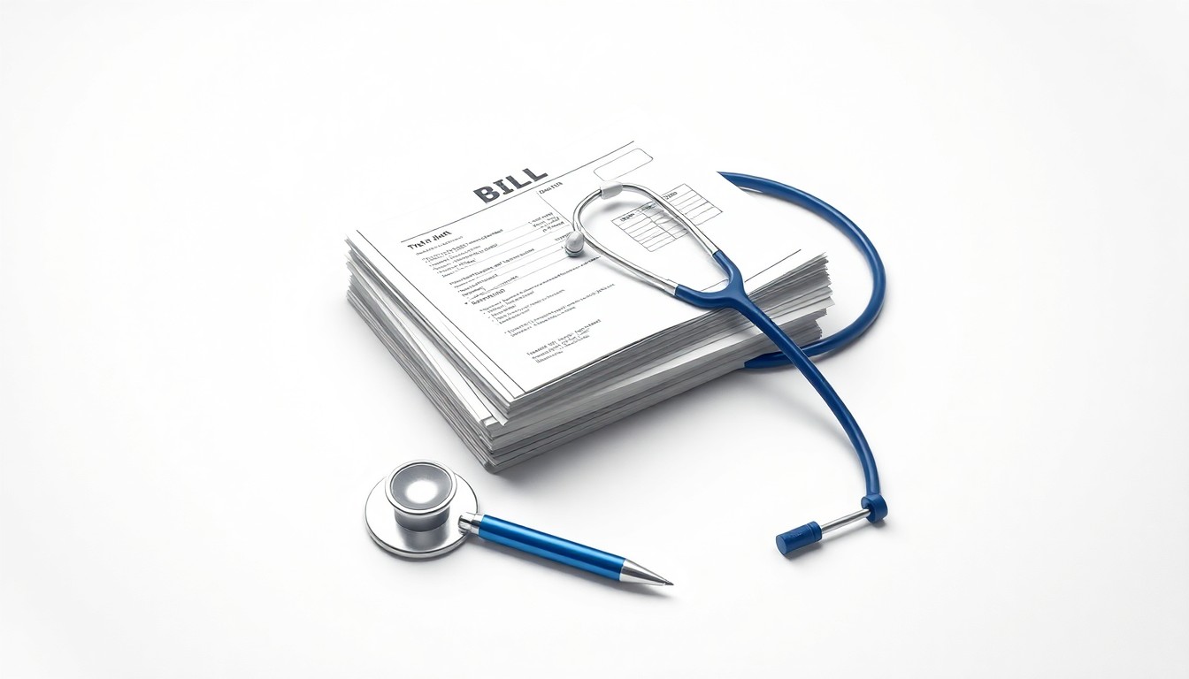 A high-end, photorealistic studio still-life photograph featuring a stack of medical bills, a stethoscope, and a pen arranged elegantly on a clean, monochromatic background, conceptually representing the abstract financial challenges facing healthcare providers.