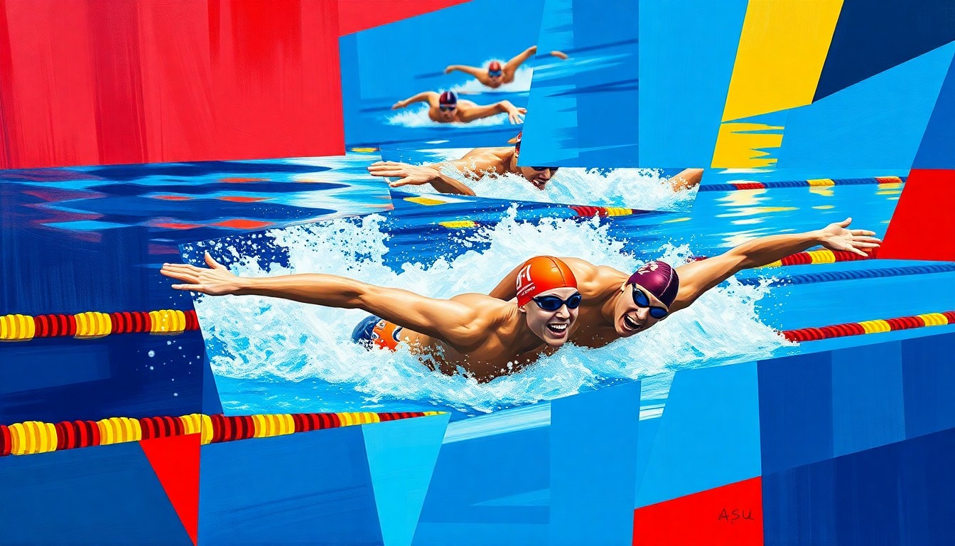 A fractured, cubist-style painting depicting the ASU men's 200 medley relay race, with the swimmers' movements and the pool environment broken down into sharp, overlapping geometric shapes in a vibrant color palette, capturing the energy and dynamism of the event.