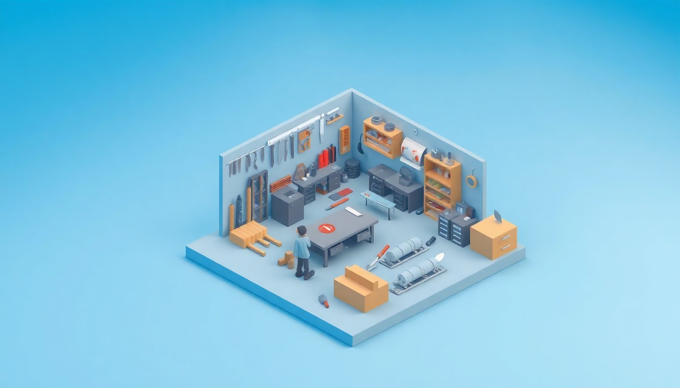 A clean, modern 3D illustration depicting a miniature, stylized knife manufacturing workshop with various tools and equipment, representing the premium craftsmanship and attention to detail of Montana Knife Company's operations.