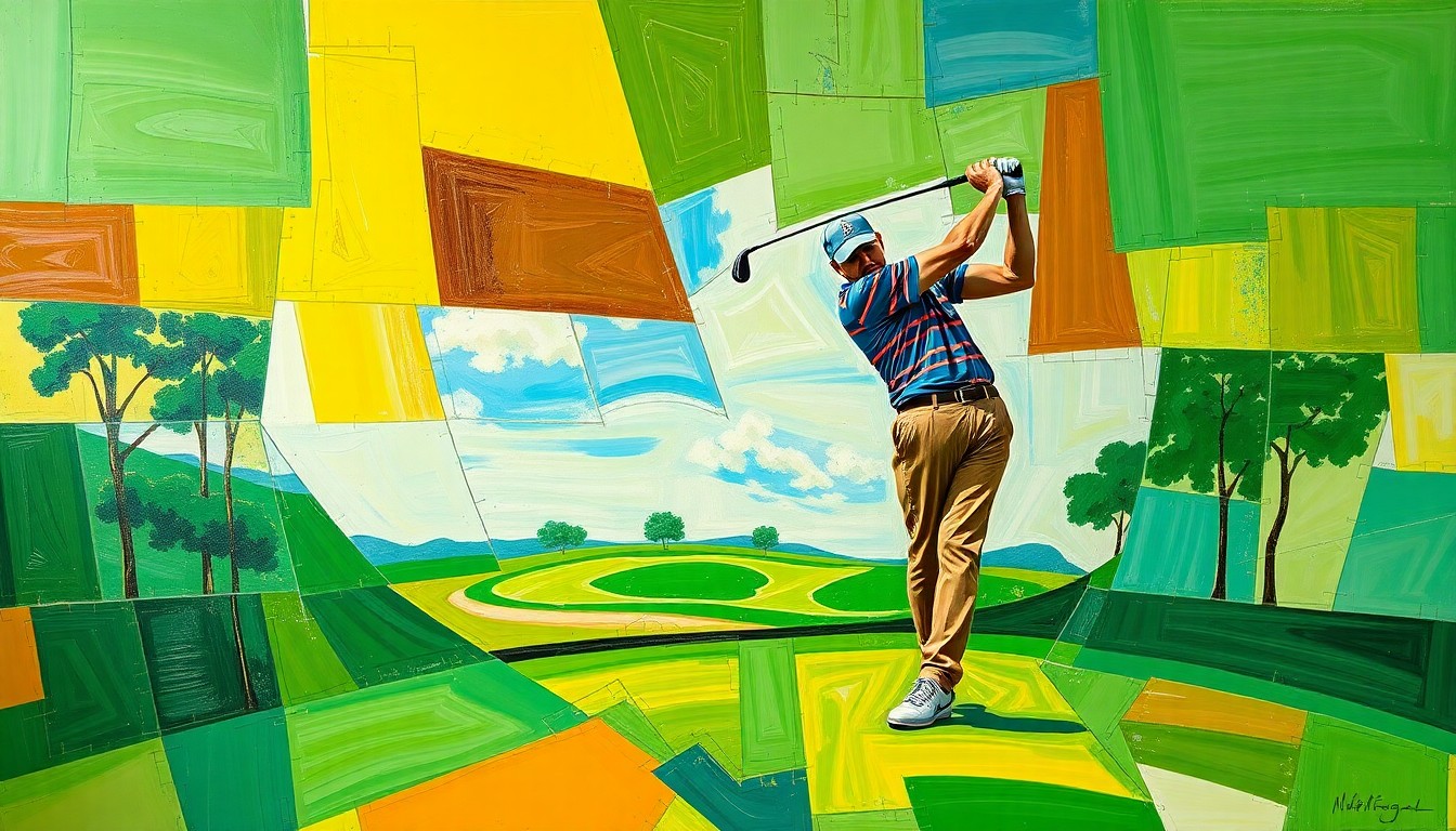 A cubist, geometric painting depicting a golfer's swing and the golf course landscape broken down into sharp, overlapping planes of color, capturing the dynamic energy and precision of Knapp's record-tying performance.