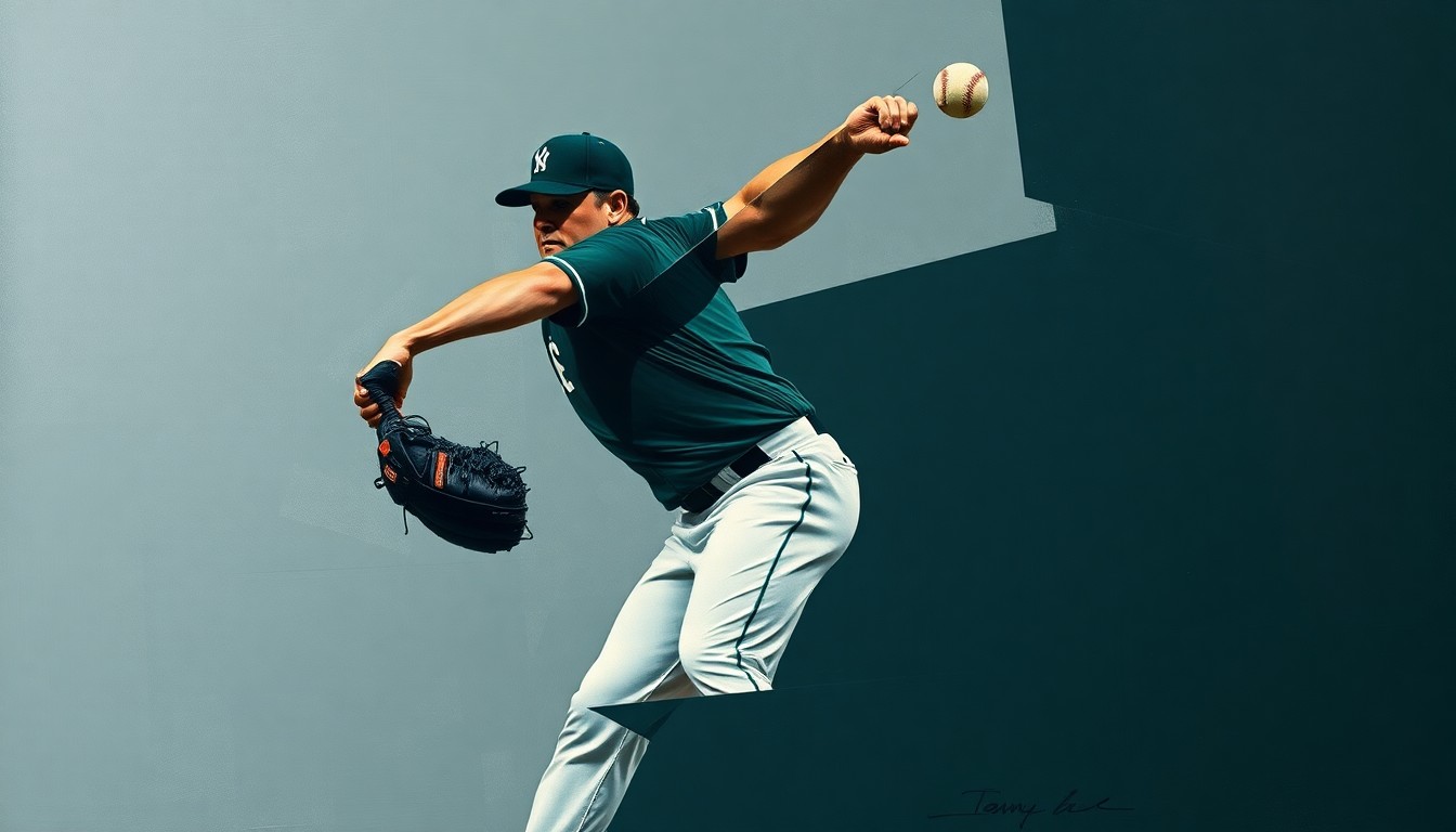 A fragmented, cubist-style painting depicting a baseball pitcher's motion broken down into sharp, overlapping geometric shapes in muted navy, green, and grey tones, conveying the tension and uncertainty surrounding the Brewers' injured starters.