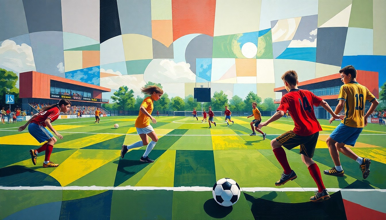 A cubist-style painting depicting a high school soccer match, with the players and field broken down into sharp, overlapping geometric shapes and vibrant colors, capturing the dynamic energy of the game.