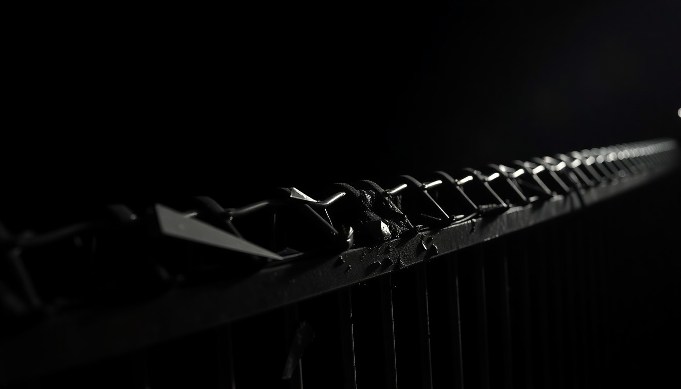 An extreme close-up photograph of a crushed metal barricade, reflecting the harsh, gritty aftermath of a deadly crowd surge at a historic site.