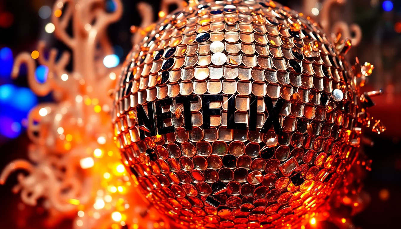 An abstract close-up photograph featuring a dramatic, high-contrast composition of shimmering sequins and glittering disco ball fragments, conveying the glamorous, high-fashion aesthetic of the Netflix party in Montecito.