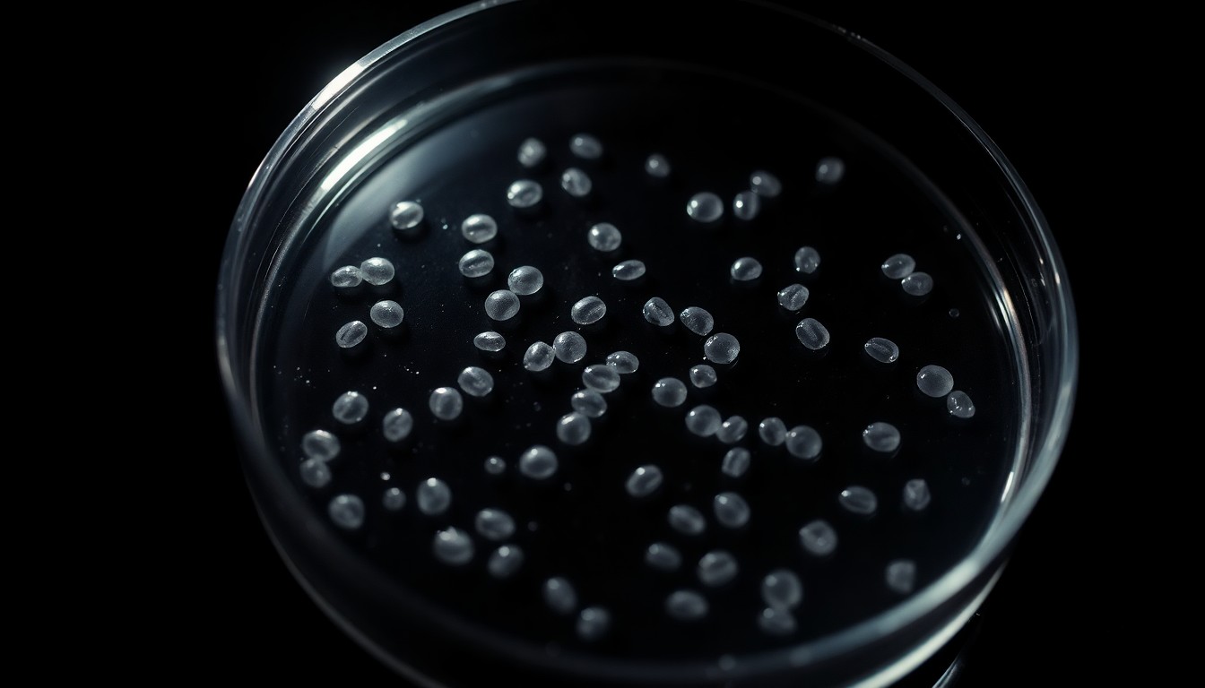 An extreme close-up photograph of a petri dish containing E. coli bacteria, the harsh lighting and stark black background creating a gritty, investigative aesthetic that conceptually represents the biosecurity risks of illegally transporting hazardous biological materials.