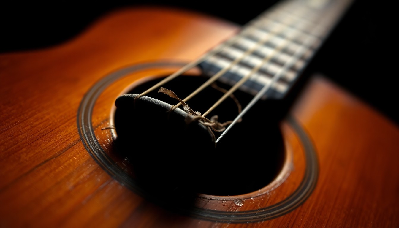 An extreme close-up photograph of the worn, textured surface of an acoustic guitar string, capturing the rugged beauty and craftsmanship of the instrument that brought John Denver's beloved song to life.
