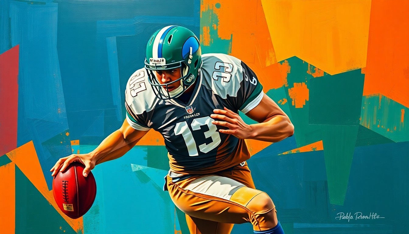 A cubist, geometric illustration depicting a football player in motion, with sharp, overlapping planes of color representing the fractured, multi-perspective nature of the sport.