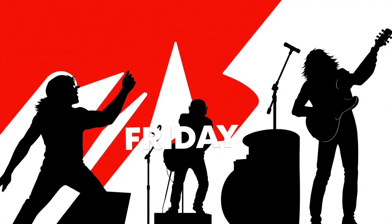 A bold, abstract illustration featuring stark geometric shapes and silhouettes in high-contrast red and white, conceptually representing the energy and diversity of the Amp'd Up Fridays concert series.