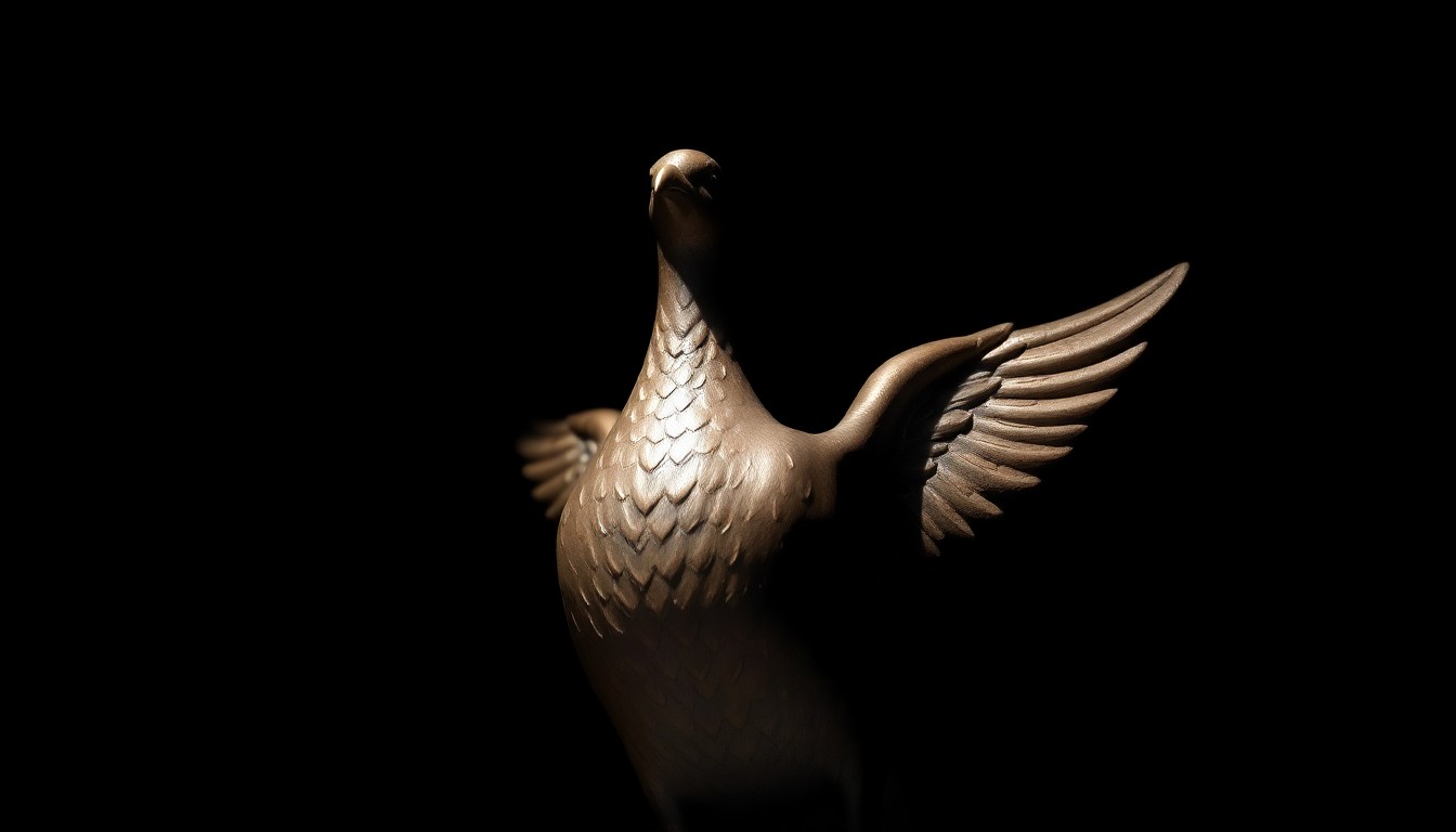 An extreme close-up photograph of a bronze dove statue, its surface details and textures dramatically illuminated by a harsh, direct camera flash against a pitch-black background, creating a stark, gritty, investigative aesthetic.