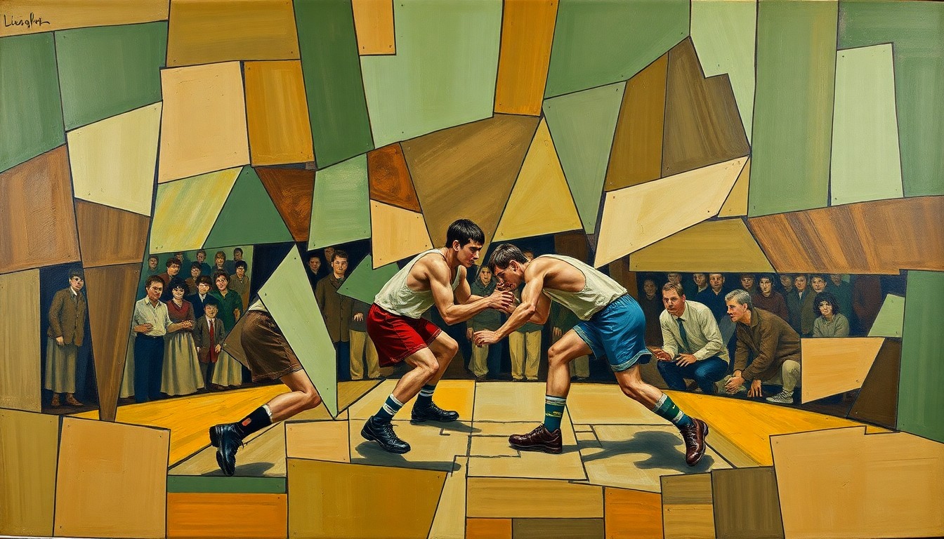 A cubist, geometric painting depicting the chaotic energy and movement of a high school wrestling match, with overlapping planes of earth-toned colors representing the physicality and teamwork of the student-athletes as they engage with their local community.