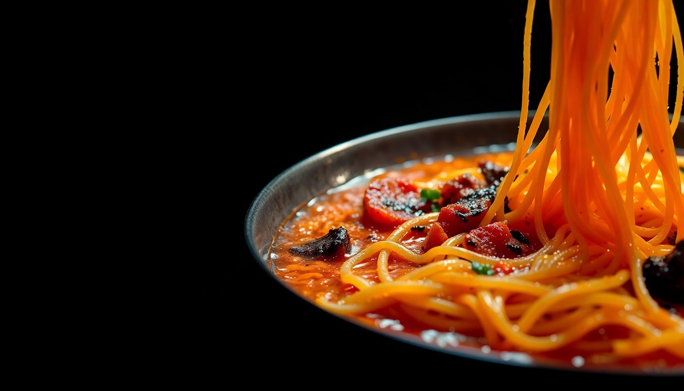 An extreme close-up photograph of a spicy Korean ramen dish, with the noodles and sauce captured in dramatic, high-contrast lighting that highlights the rich, glossy textures of the food, conceptually representing the bold flavors and indulgent experience of the Buldak Crawl at Coachella.