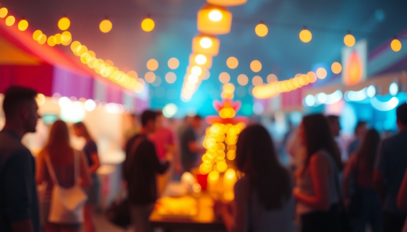 An abstract, impressionistic scene of an outdoor festival, with blurred figures and colorful lights creating a sense of energy and community.
