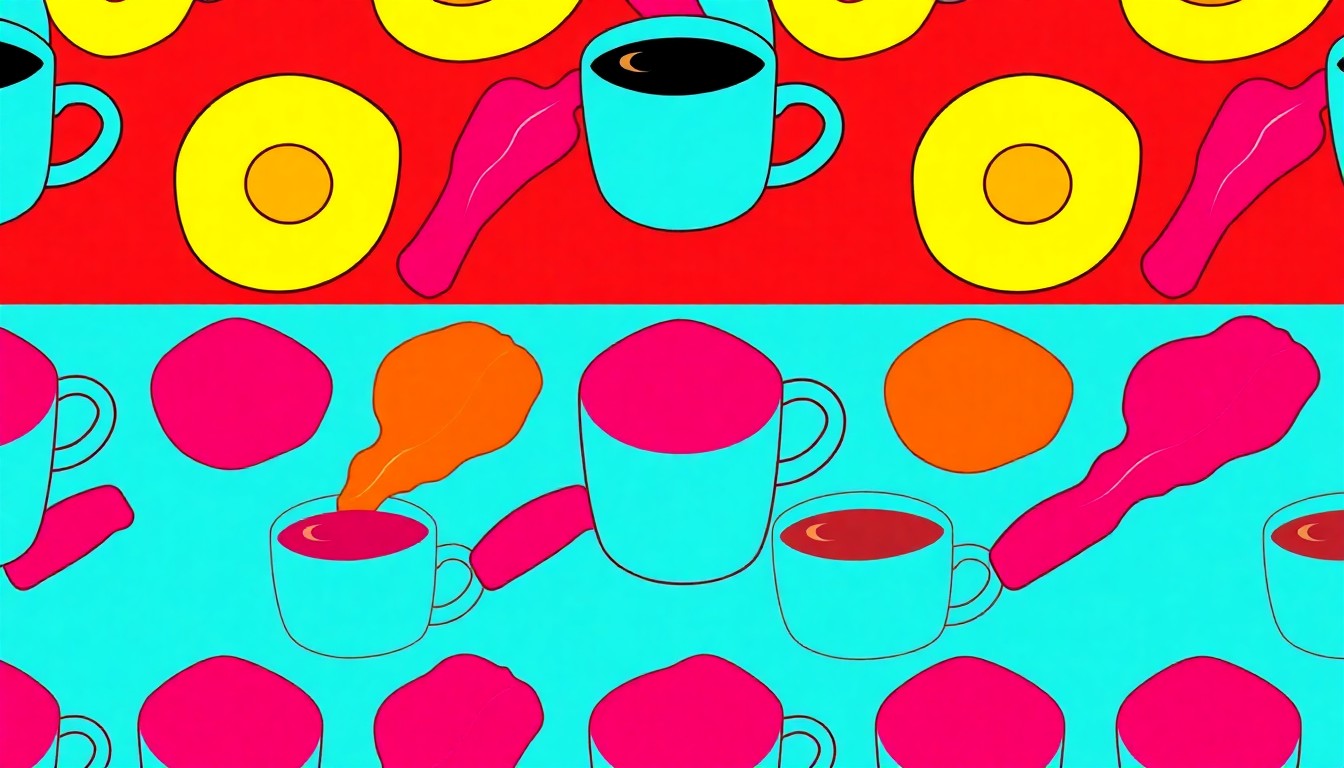 A high-contrast, silkscreen-style illustration featuring a grid of stylized breakfast items in bright, neon colors, conceptually representing the fun and festive energy of a community breakfast potluck.