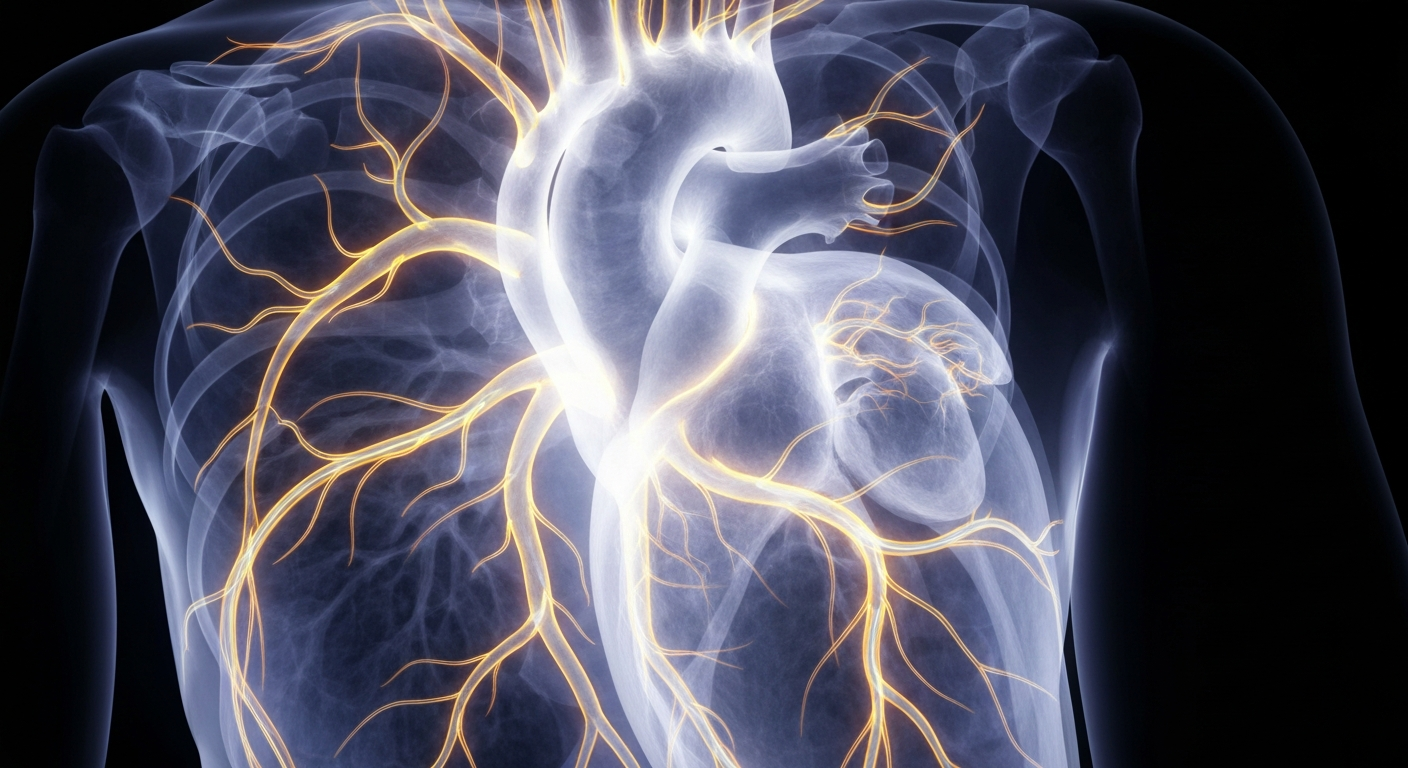 A highly detailed, translucent X-ray-style image revealing the intricate structure of a human heart and surrounding blood vessels, conveying the clinical nature of heart failure treatment and the importance of nutrition.