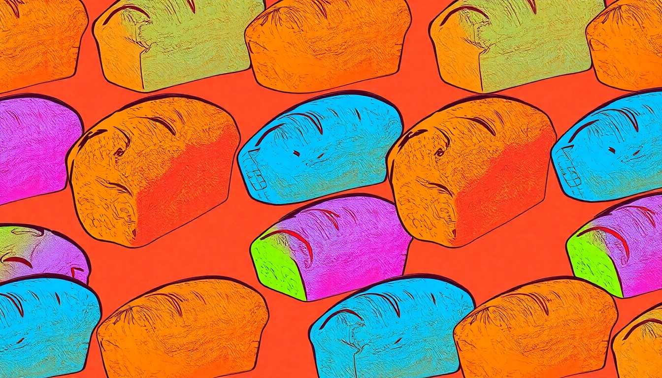 A vibrant, high-contrast silkscreen print featuring a repeated pattern of a single sourdough loaf in bold, neon colors, conceptually representing the artisanal baked goods that have made Odin & Co. Farmstand a community favorite.