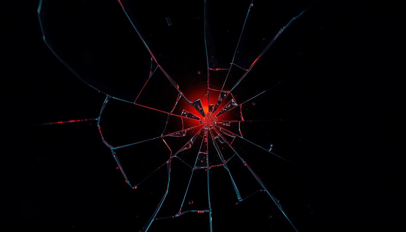 An extreme close-up of a shattered glass surface, reflecting a faint red light, conceptually representing the tragic and unexpected death of a child character on the HBO series Deadwood.