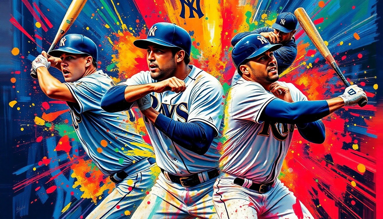 An abstract expressionist painting in neon colors depicting the dynamic action of a baseball game, with players' forms and equipment blending into a vibrant, energetic composition.