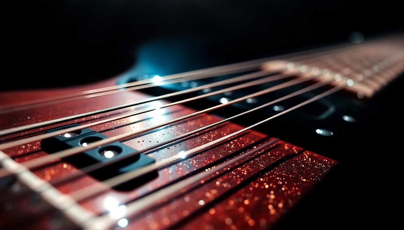 An abstract close-up photograph of guitar strings in dramatic, high-contrast lighting, conveying the texture and material of the instrument in a glamorous, high-fashion style.
