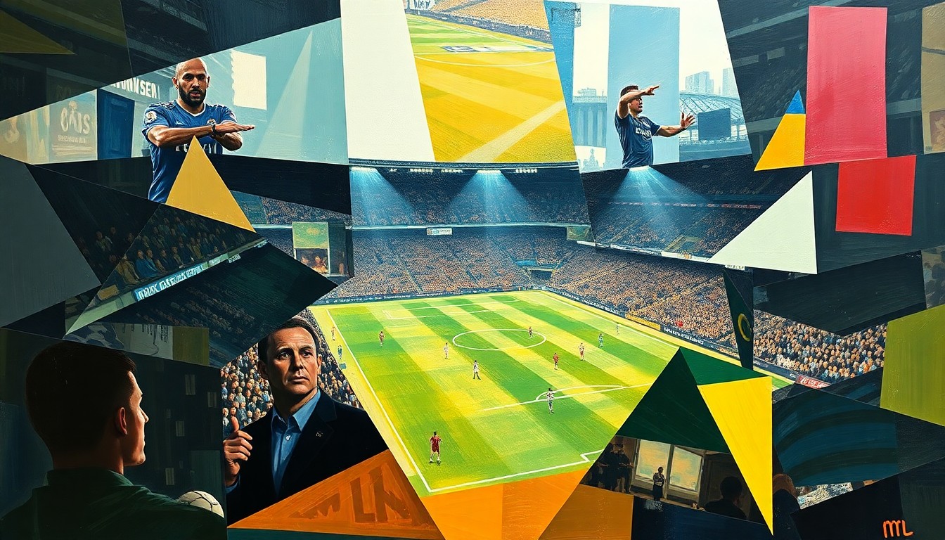 A fragmented, geometric painting depicting a Premier League football match, with the players and ball broken down into sharp, overlapping shapes and planes, capturing the emotional complexity of a fan's divided loyalties.