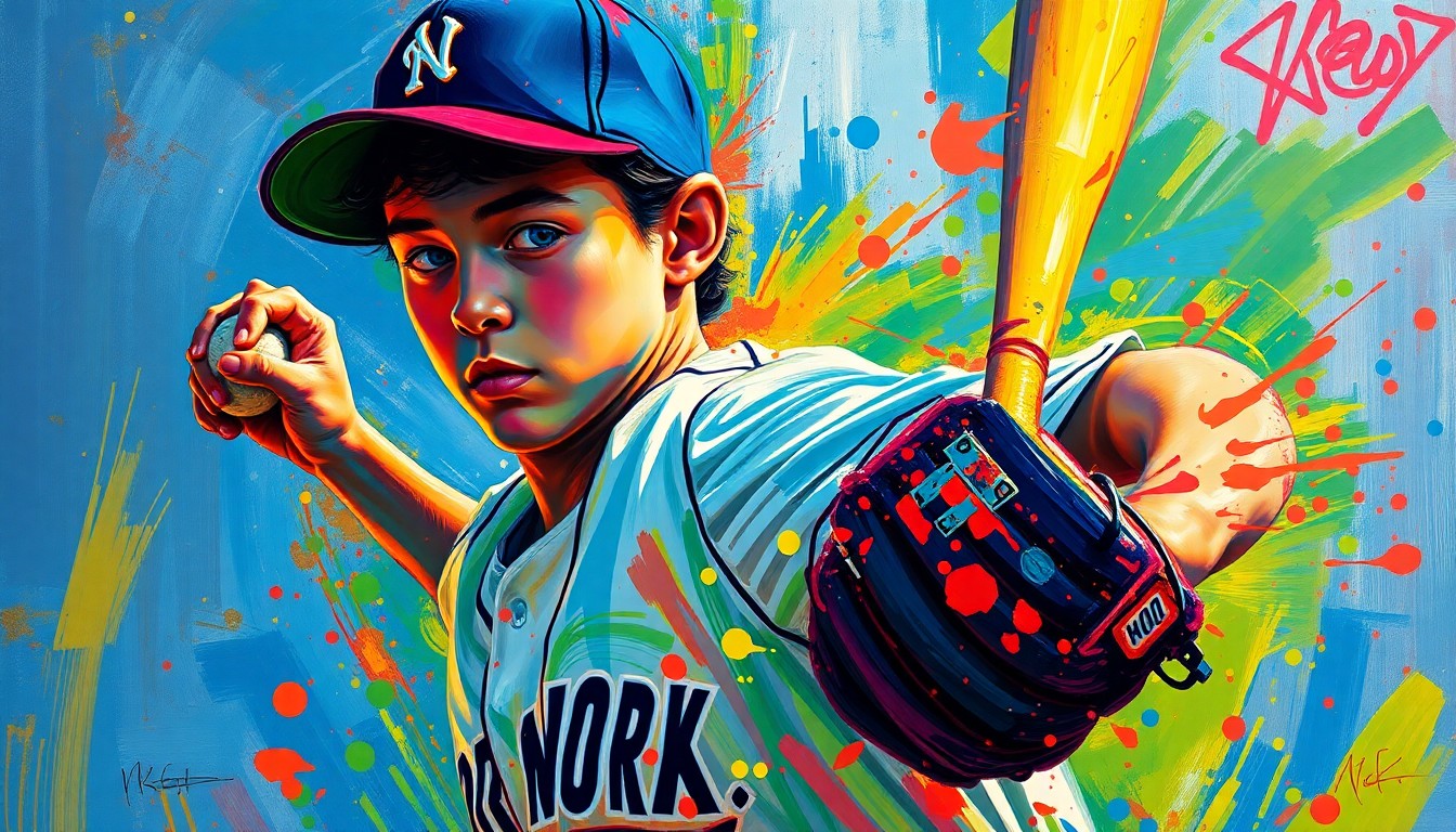 An expressionist painting in vibrant neon colors depicting the powerful pitching motion of a young baseball player, with his face and uniform details blurred into abstract brushstrokes.