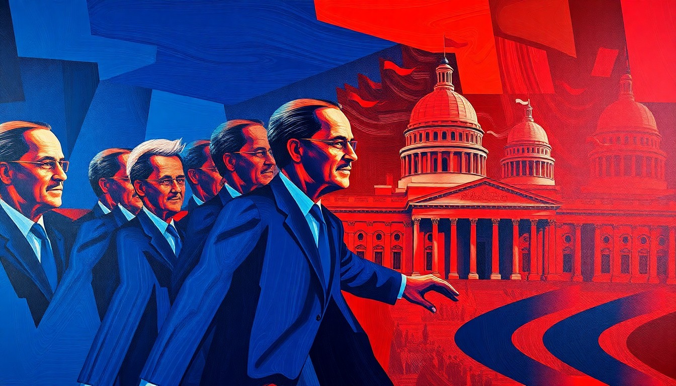 A vibrant, abstract painting of a fractured, overlapping political figure or government building, rendered in bold strokes of deep blue and crimson red, conveying a sense of motion and shifting power dynamics.