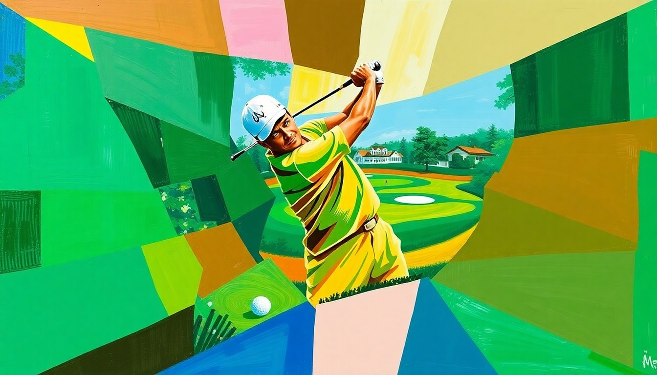 A cubist, geometric painting depicting a golfer's swing and the Masters tournament, with sharp, overlapping planes of color in vibrant greens, blues, and browns.