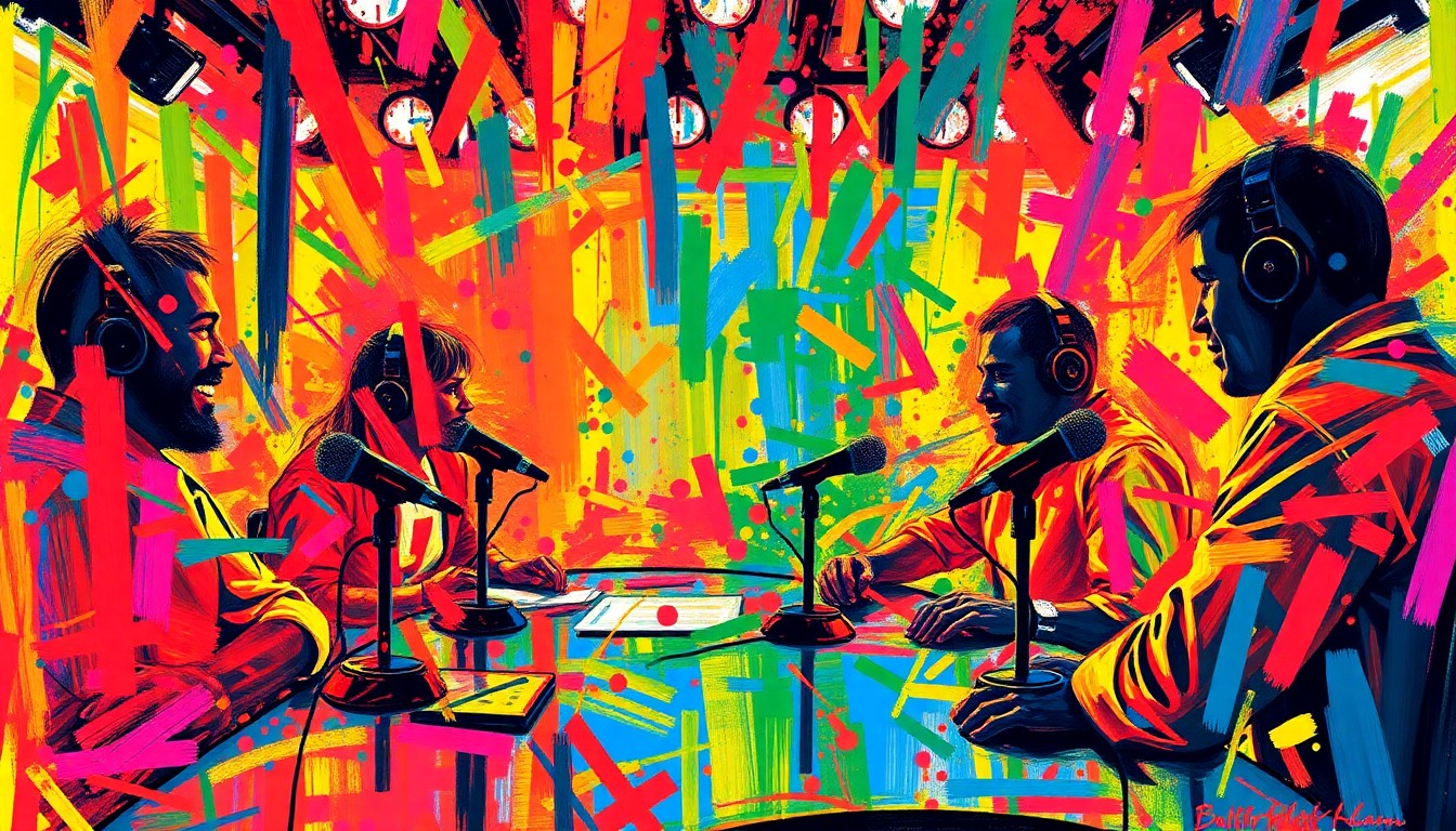 An abstract, expressionist painting in vibrant neon colors, with rapid brushstrokes capturing the energy and excitement of a sports radio studio, the silhouettes of hosts and microphones dissolving into unrecognizable splatters of color.