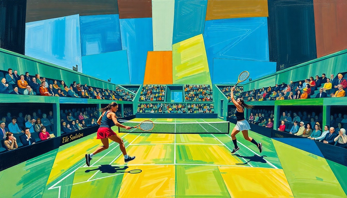 A fragmented, geometric painting depicting the tennis match between Raducanu and Anisimova, with sharp, overlapping planes of color and form representing the dynamic and unpredictable nature of their encounter.