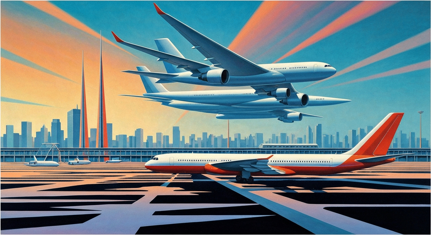 A highly stylized, geometric illustration depicting a towering, streamlined airport terminal or cityscape in shades of blue, purple, and orange, conveying the grand scale and modern aesthetic of air travel.