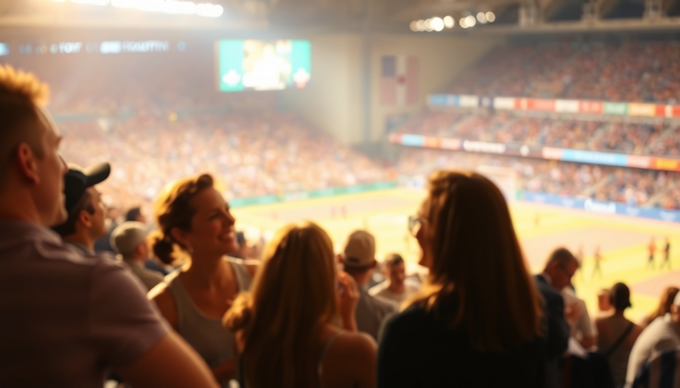 A softly blurred, atmospheric photograph in warm, hazy tones depicting a group of people engaged in lively conversation at a crowded sporting event, with the action on the field or court barely visible in the background, conceptually representing the authentic connections fostered by 'In the Wild' dating events.