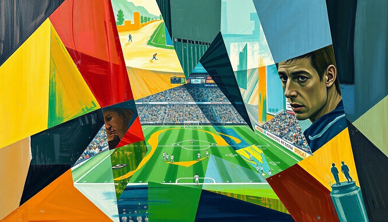 A cubist, geometric painting depicting a fragmented football game or match, with sharp, overlapping planes of color and form representing the complexity and changing nature of the fullback position in the NFL.